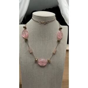 Pink Glass Beaded Long Necklace Gold Tone Station Style -  Vintage Soft Romantic